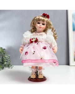 Кукла коллекционная керамика Агата в бело розовом платье и с цветами в волосах 30 см Nobrand