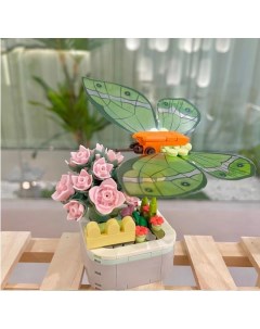 Конструктор Розы цветы с бабочкой 3D в горшке пластиковый 150 дет Moai