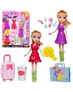 Кукла Junfa 23 см с 2 платьями красным и фиолетовым в сапожках с игровыми предметами Junfa toys