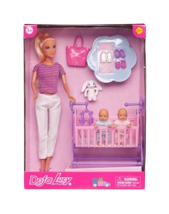 Игровой набор Кукла Lucy Молодая мама в футболке и брюках 2 близнеца в кроватке Defa