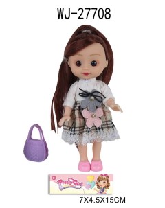 Кукла Junfa 16 см с сумочкой в платье с белым верхом и юбкой шотландкой Junfa toys