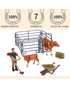 Набор 7 фигурок рыжая корова теленок фермер загон аксессуары MM215 345 Masai mara