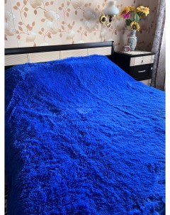 Плед пушистый на кровать на диван Евро 220х240 травка мех синий Suhomtex