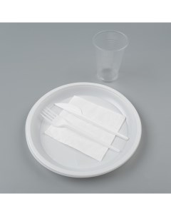 Набор одноразовой посуды белый 6 персон тарелки стаканы вилки ножи Take it easy