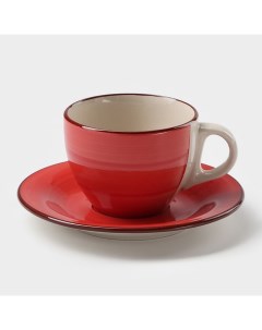 Чайная пара керамическая Морской мир чашка 200 мл блюдце d 14 5 см красный Доляна