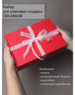 Подарочная коробка Красная лента упак бумага наклейки 22х16х5 см Подаркиленд
