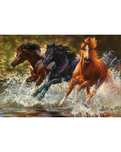 Алмазная мозаика Три бегущих коня по ручью pe446 40 30 СМ без подрамника Nobrand