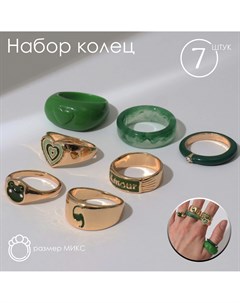 Набор колец 7 штук amour цвет зеленый в золоте 16 18 размеры Queen fair