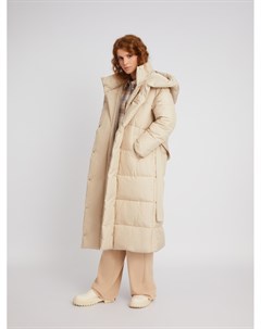 Длинная тёплая стёганая куртка пальто с капюшоном высоким воротником и поясом Zolla