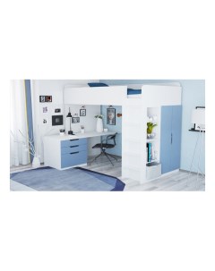 Кровать чердак Simple с письменным столом и шкафом белый синий Polini
