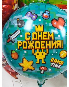 Воздушный шар фольгированный круглый Пиксели С Днем рождения бирюзовый 46 см Falali