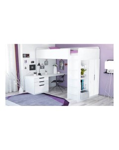 Кровать чердак Simple с письменным столом и шкафом белый Polini