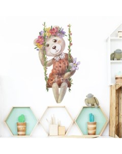 Наклейка пластик интерьерная цветная Ретро Медведица на качелях с цветами 35х60 см Nobrand