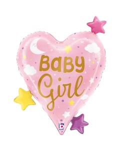 Шар фольгированный Baby girl форма сердце со звездочками 63 5 см розовый Grabo