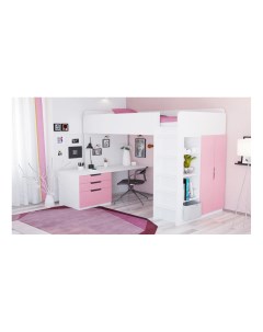 Кровать чердак Simple с письменным столом и шкафом белый роза Polini