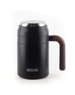Термокружка для чая и кофе 500 мл черная с деревянной ручкой нержавеющая сталь Zehui