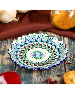 Тарелка Риштанская Керамика Цветы синяя рильефная 15 см Шафран