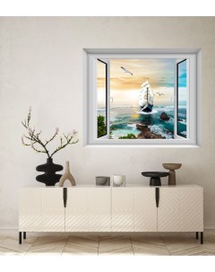 Фотообои постер Вид из окна на парусник в море бесшовные 100х120 см Dekor vinil