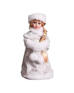 Фигурка Снегурочка в муфте с меховыми бомбошками серебристо белая 33 см Зимнее волшебство