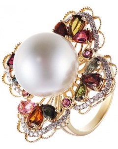 Кольцо с турмалинами бриллиантами и жемчугом из жёлтого золота Джей ви