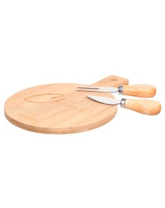Набор для сыра 3 предмета доска блюдо с ручкой бамбук сталь круглый Cheese Bamboo Kuchenland