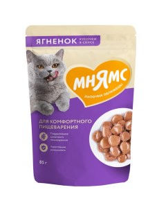 Корм для кошек для комфортного пищеварения кусочки в соусе с ягненком пауч 85г Мнямс