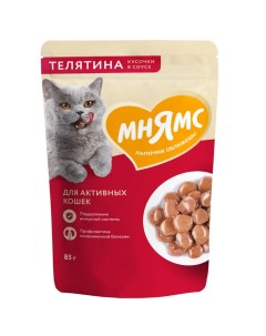 Корм для кошек для активных кусочки в соусе с телятиной пауч 85г Мнямс