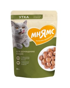 Корм для кошек для домашних кусочки в соусе с уткой пауч 85г Мнямс
