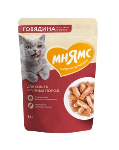 Корм для кошек для крупных пород кусочки в соусе с говядиной пауч 85г Мнямс
