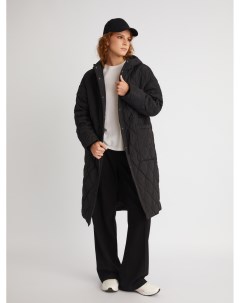 Длинная утеплённая стёганая куртка пальто на синтепоне с капюшоном и кулиской Zolla