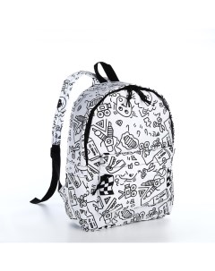 Рюкзак школьный из текстиля на молнии Принт 3 кармана белый чёрный Nobrand