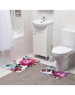 Набор ковриков для ванной и туалета Пионы 2 шт 39x49 50x80 см цвет серый Доляна