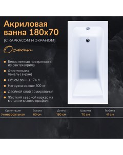 Акриловая ванна Nixx Ocean 180x70 с экраном с каркасом Nixxnew