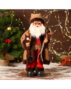 Новогодняя фигурка Дед Мороз в коричневой шубке с посохом 6938380 20x20x40 см Bazar