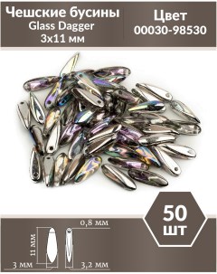 Чешские бусины Glass Dagger 3х11 мм Crystal Silver Rainbow 50 шт Czech beads