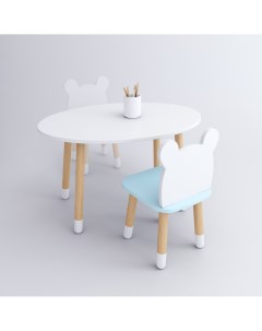 Комплект детской мебели стол Овал белый стульчик Мишка голубой Dimdom kids