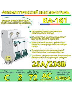 Выключатель авто 2 полюс 25А С ВА 101 4 5кА 4шт 11068DEK 4 Dekraft