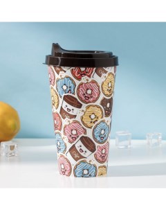 Стакан пластиковый с крышкой IZI GO 550 мл 9 3x9 1x15 8 см декор кофе крем цве Idiland