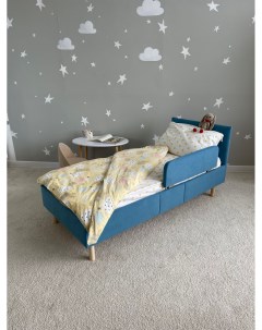 Детская кровать Велюр с мягкой спинкой и бортиком синяя Dimdomkids