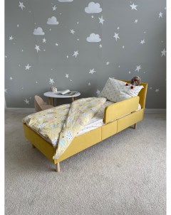 Детская кровать Велюр с мягкой спинкой и бортиком желтая Dimdomkids