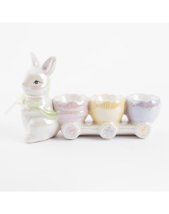 Подставка для яйца 22x13 см 3 отд керамика молочная перламутр Кролик с тележкой Easter Kuchenland