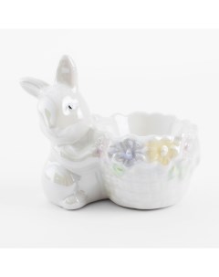 Подставка для яйца 8 см керамика молочная перламутр Кролик с корзиной в цветаx Easter Kuchenland