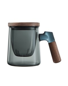 Стеклянная кружка Wooden Handle Glass Tea Cup 420mL Blue Gray Pinztea