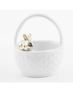 Конфетница 12x14 см с ручкой керамика белая Кролик на корзине Easter gold Kuchenland