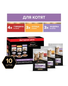 Влажный корм для котят с говядиной индейкой курицей 10 шт по 85 г Pro plan