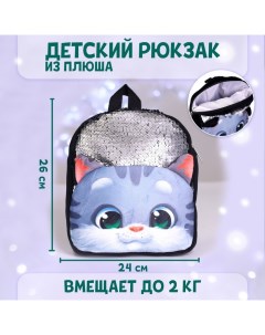 Рюкзак детский плюшевый Котик серый с пайетками 26x24 см Milo