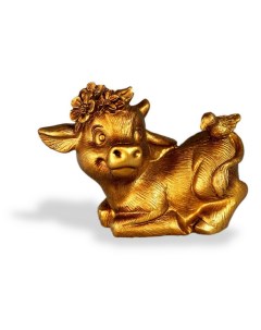 Сувенир Новый Год Золотой бычок лежащий керамика 5 см Артус