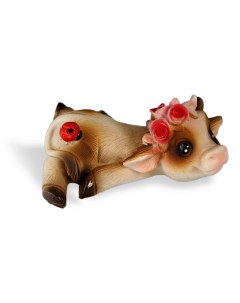 Сувенир Новый Год Коровка в венке из роз лежащая керамика 5 см Артус