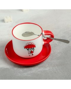Чайная пара Романтика чашка 180 мл блюдце 12 см ложка рисунок МИКС Nobrand