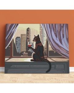 Картина по номерам на холсте с подрамником Кот с вином на окне Борода малевича